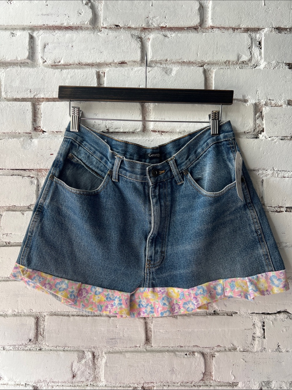 Denim Skirt with Floral Hem Upcycled one of a kind yellow pink and blue ruffle